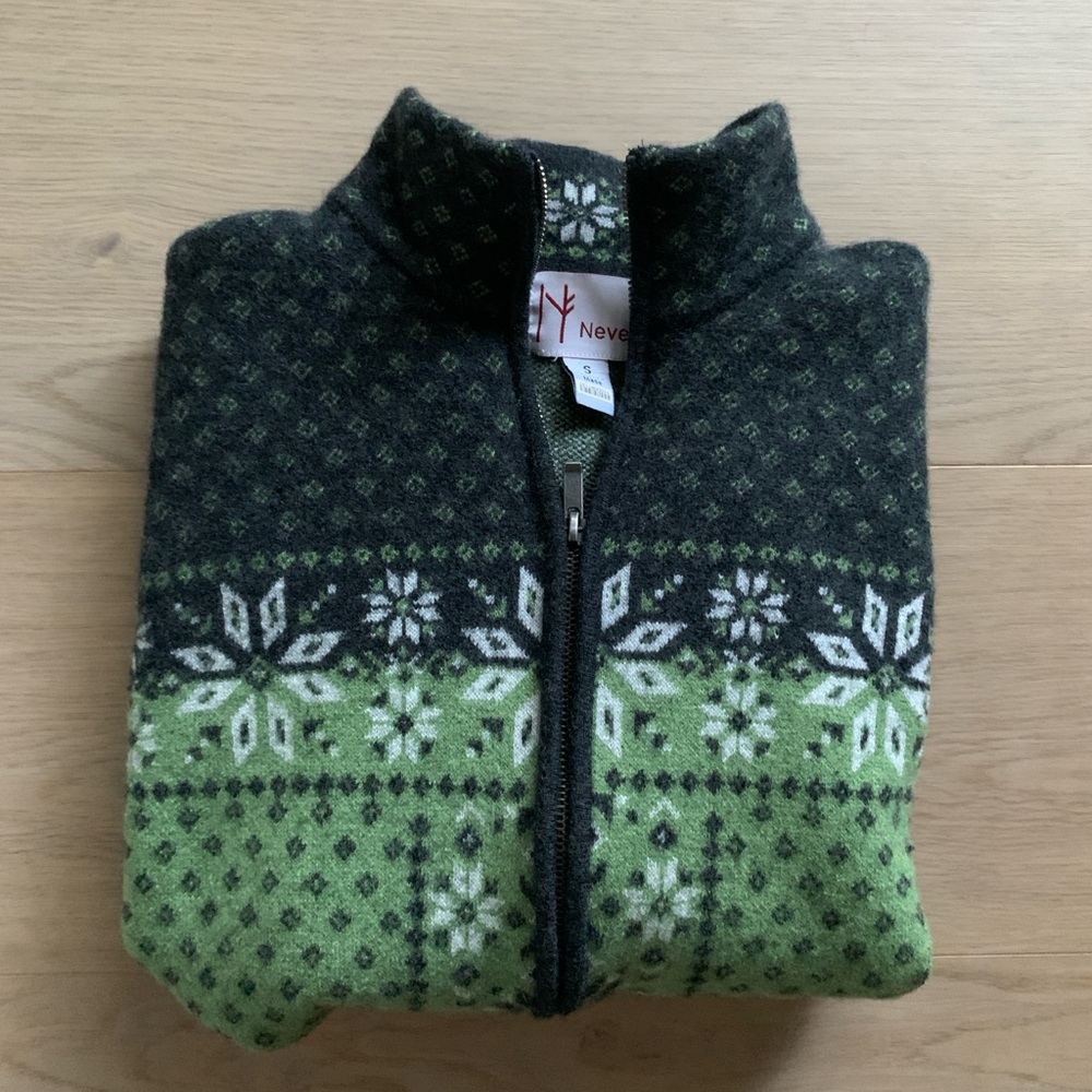 Neve Fair Isle Wool Sweater Womens S Green Black Nordic Knit Double Zip Cardigan - Picture 13 of 13
